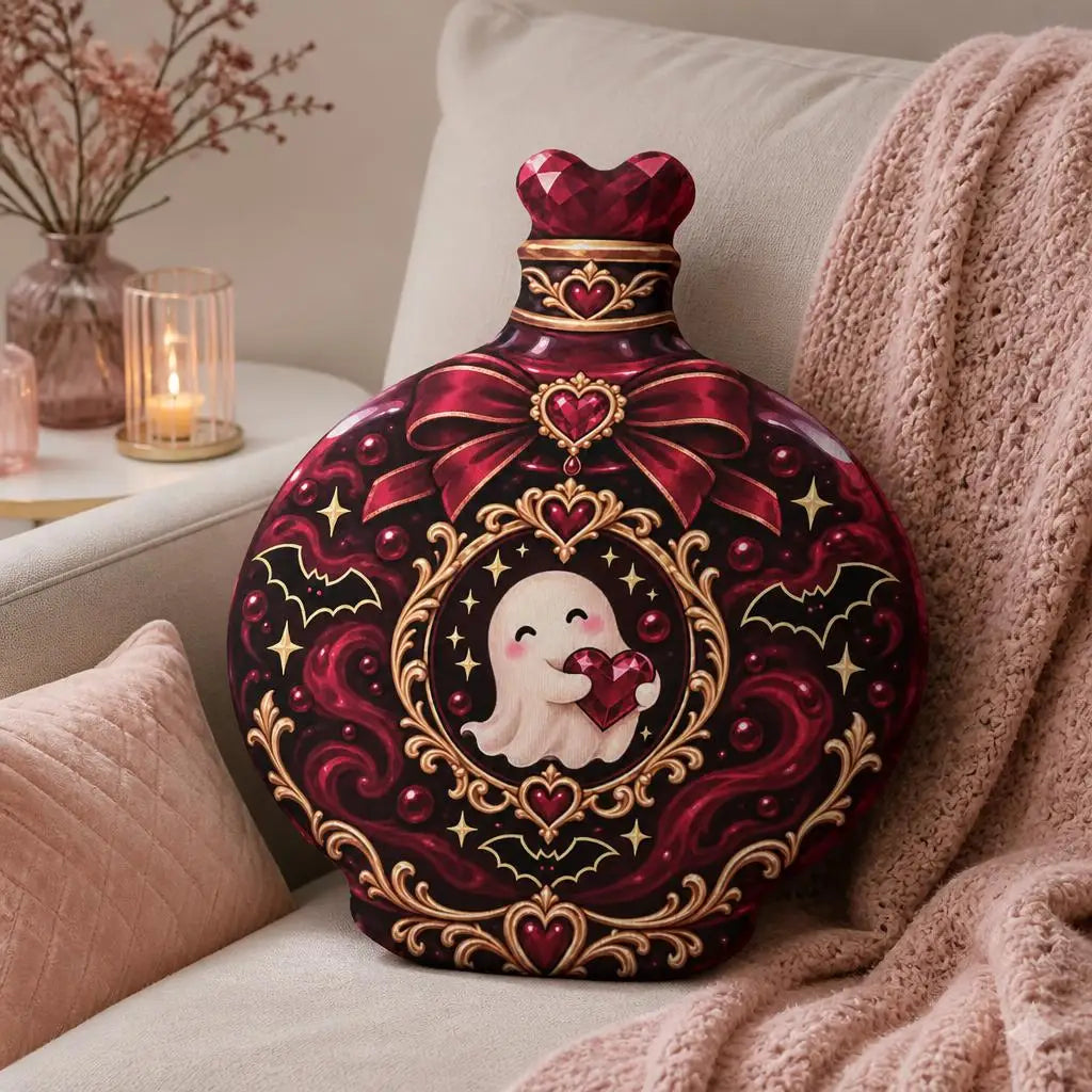 Styled room view: decorative plush pillow featuring ornate heart potion bottle with ghost artwork