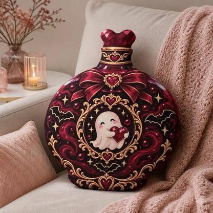 Styled room view: decorative plush pillow featuring ornate heart potion bottle with ghost artwork