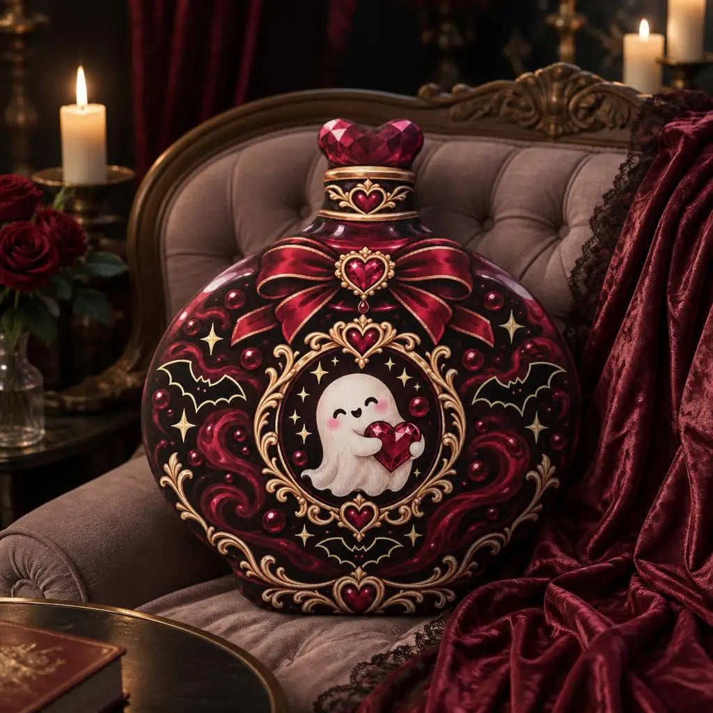 Alternate styled room view: decorative plush pillow featuring ornate heart potion bottle with ghost artwork