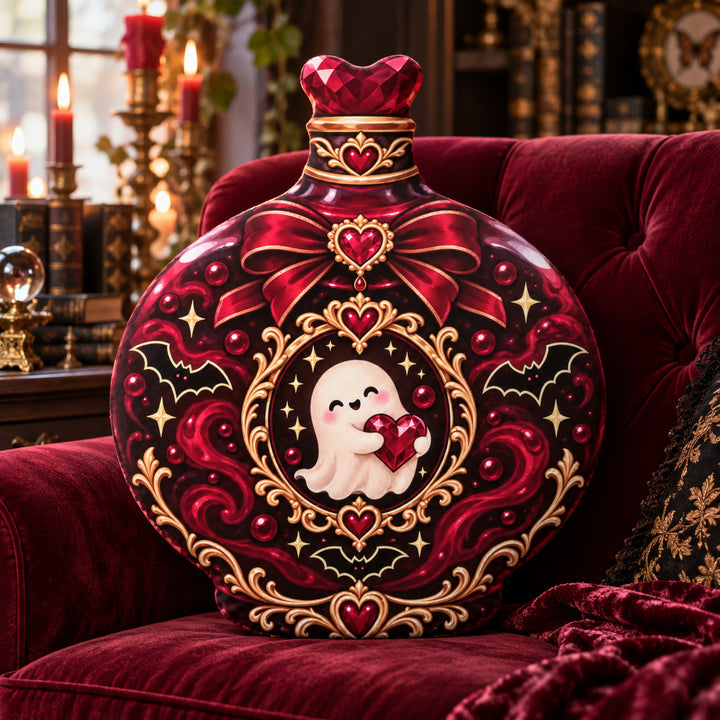 Ghost Heart Potion Bottle Plush Pillow in a sunlit witchy room