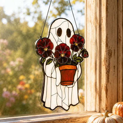Spooky ghost pendant suncatcher photographed flat