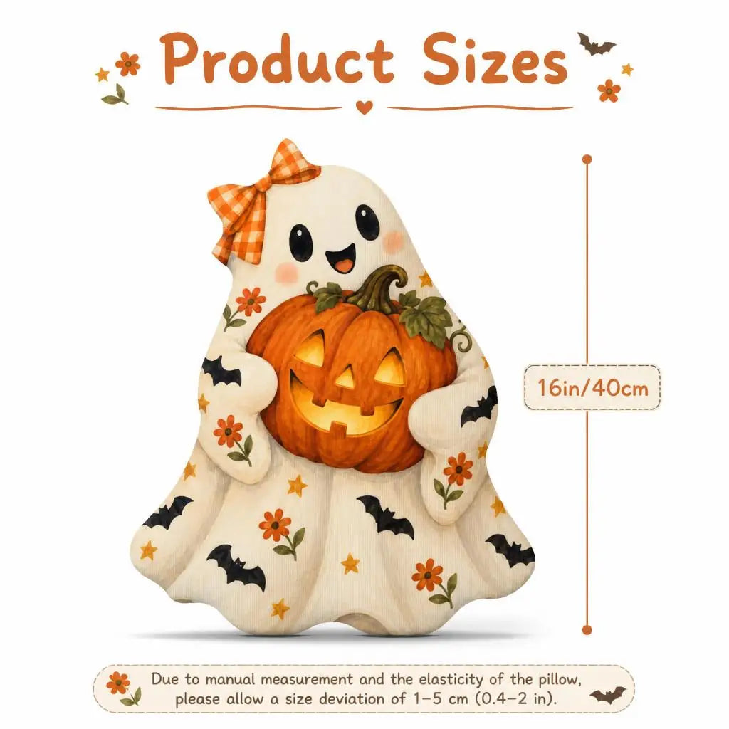 Size guide showing 16 inch / 40 cm: decorative plush pillow featuring ghost and jack-o-lantern imagery