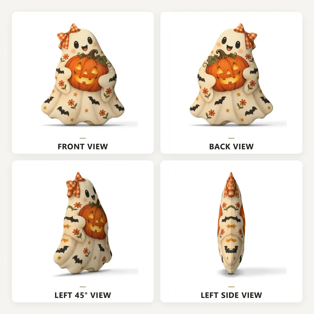 Front, back and side views: decorative plush pillow featuring ghost and jack-o-lantern imagery