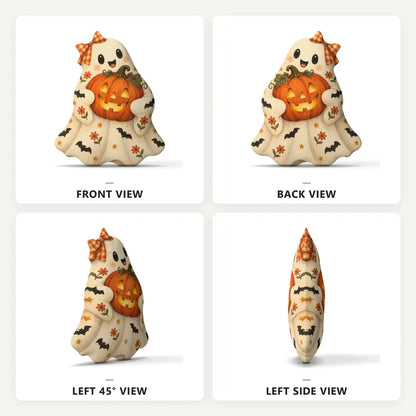 Front, back and side views: decorative plush pillow featuring ghost and jack-o-lantern imagery