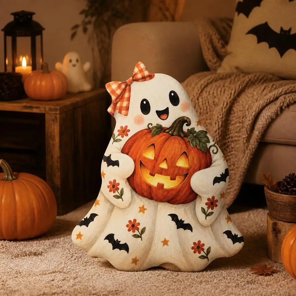Alternate styled room view: decorative plush pillow featuring ghost and jack-o-lantern imagery