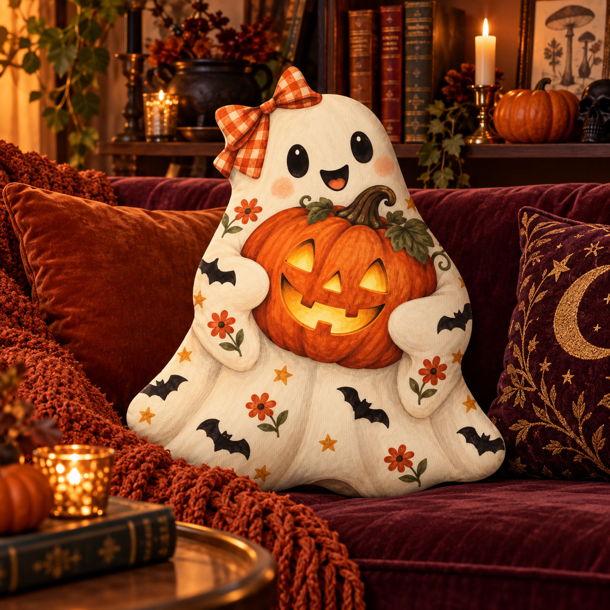 Ghost Jack O Lantern Plush Pillow in a witchy room