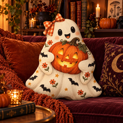 Ghost Jack O Lantern Plush Pillow in a witchy room