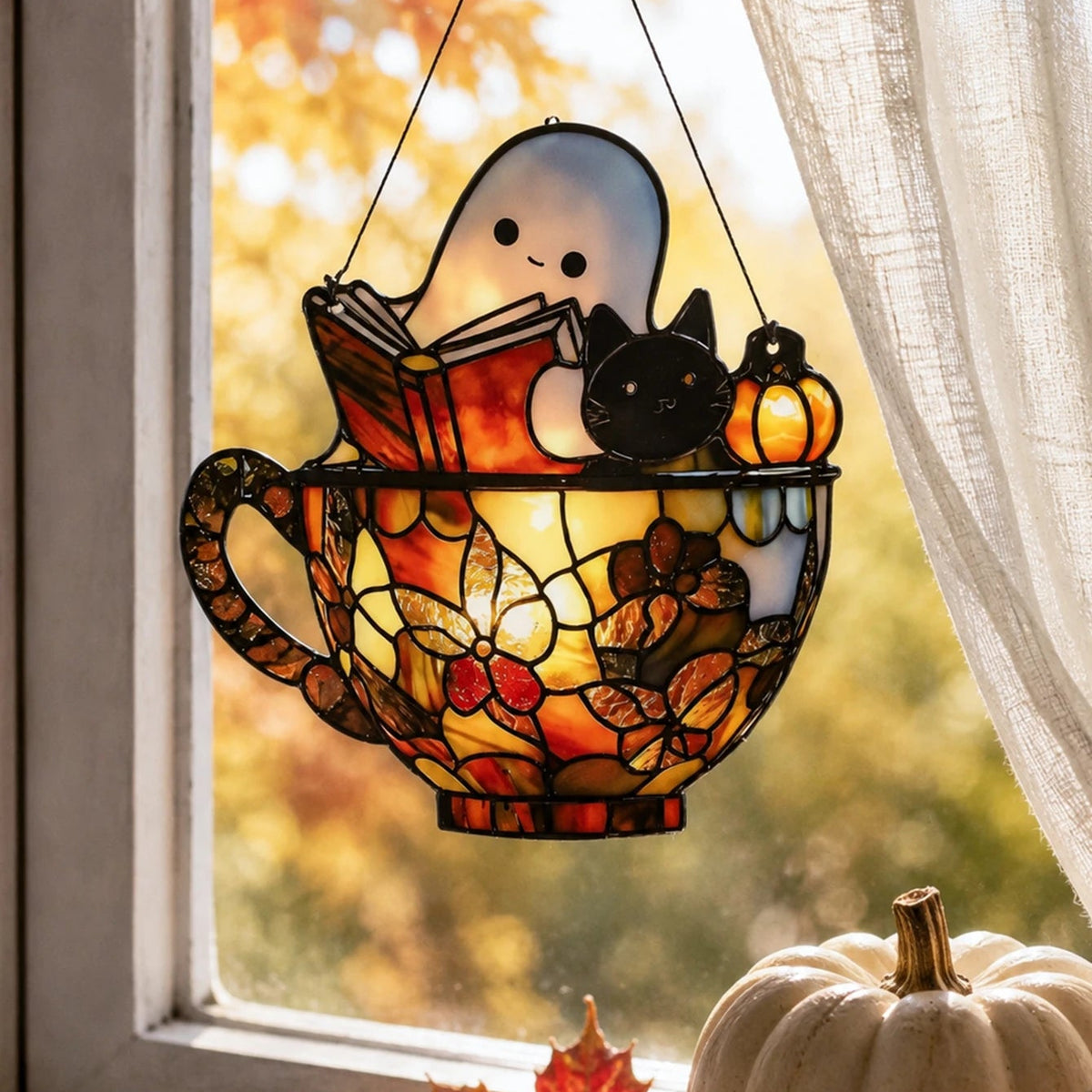 Ghost suncatcher hanging in a sunlit reading nook window