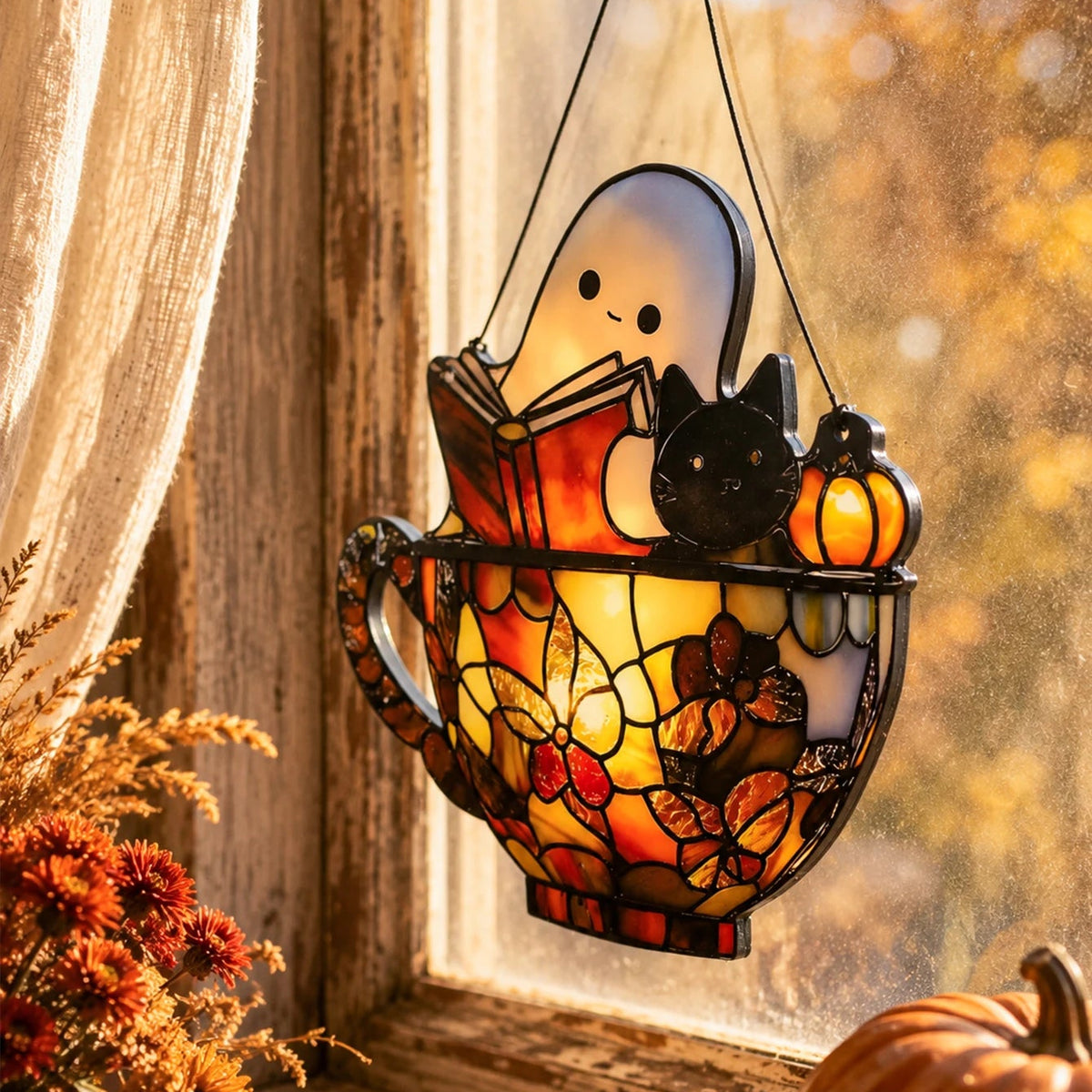 Close-up of the black cat and teacup detail on the suncatcher