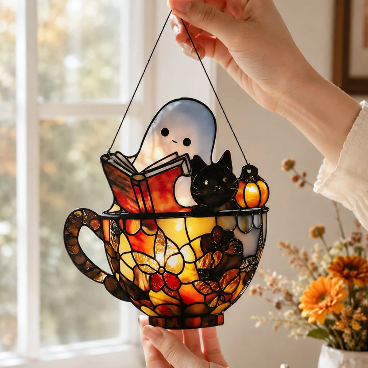 Pumpkin detail on the autumn ghost window hanging