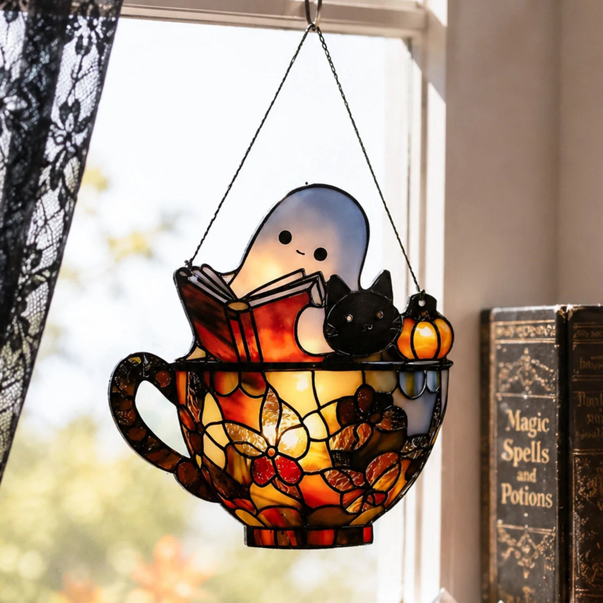 Halloween suncatcher backlit to show its translucent panels