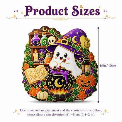 Size guide for ghost witch cauldron plush pillow, showing 16 inches / 40 cm