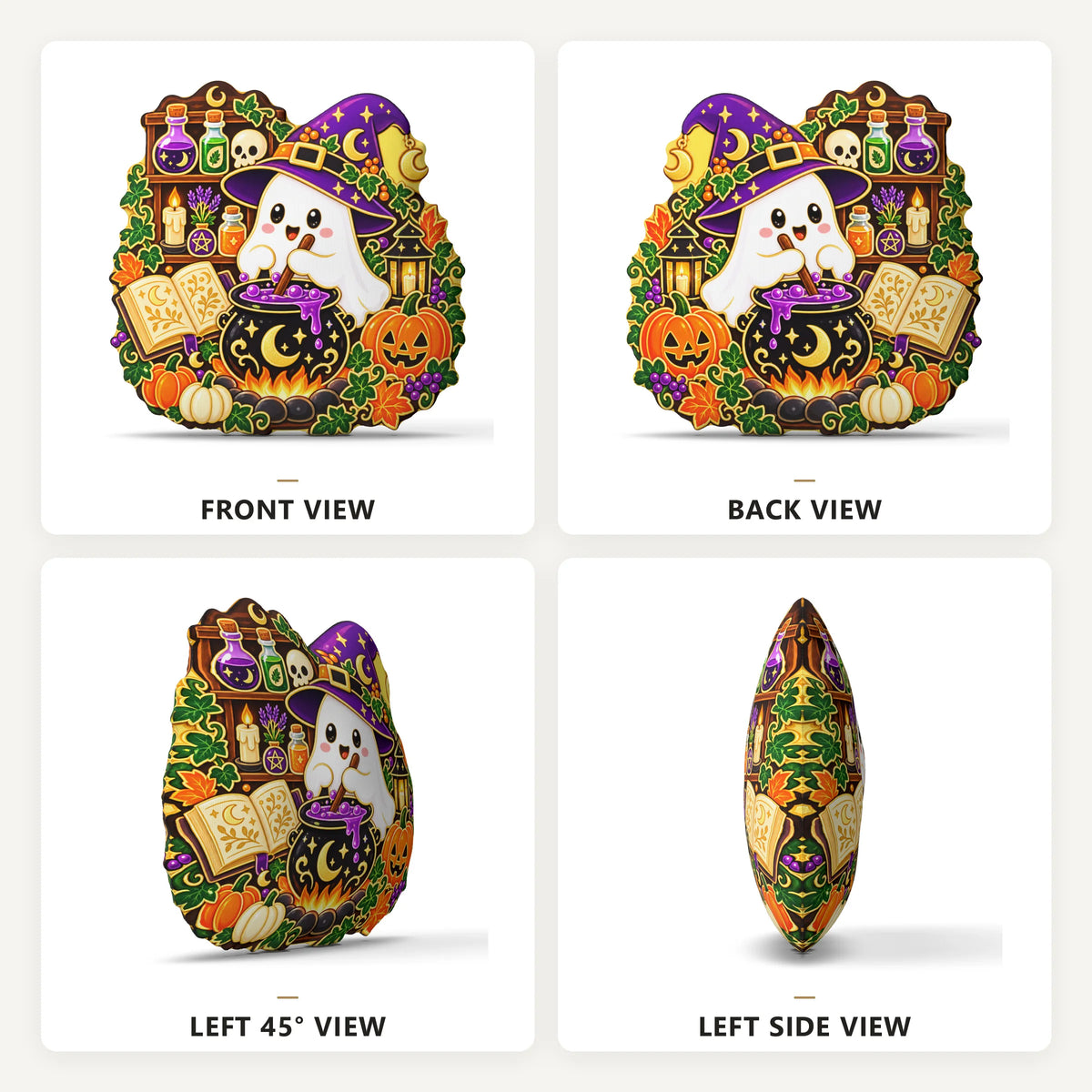 Front, back and side views: ghost witch cauldron plush pillow with ghost witch and cauldron artwork