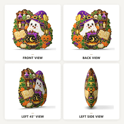 Front, back and side views: ghost witch cauldron plush pillow with ghost witch and cauldron artwork