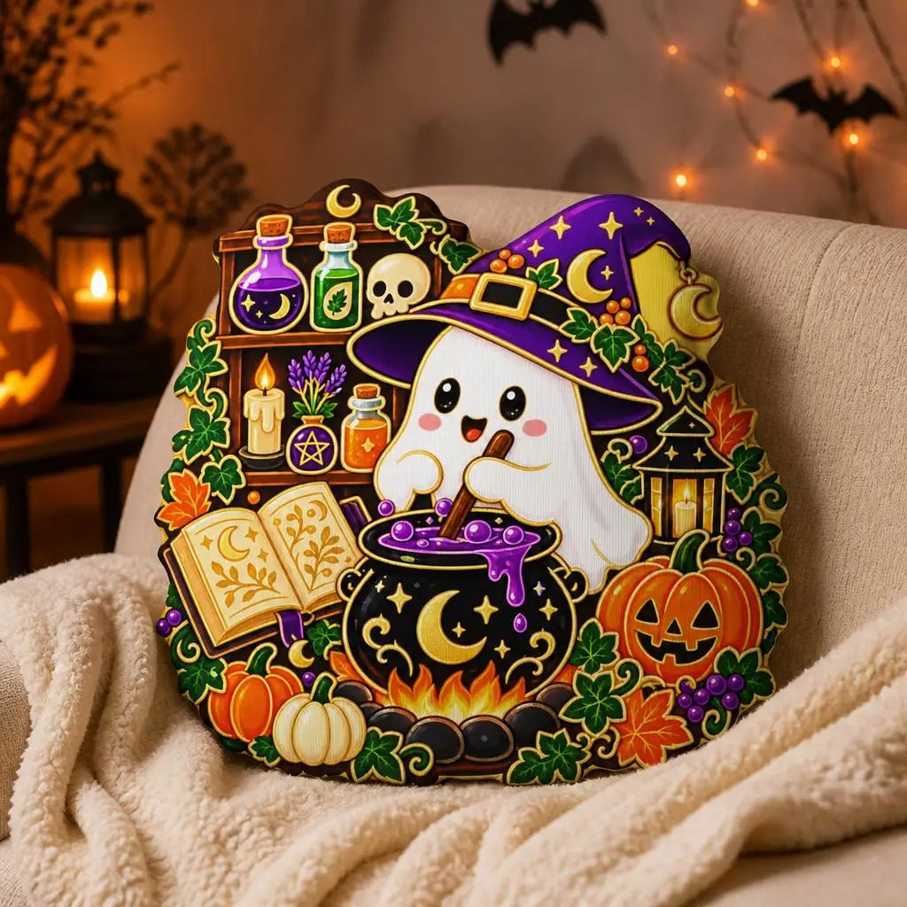 Styled on a sofa: ghost witch cauldron plush pillow with ghost witch and cauldron artwork