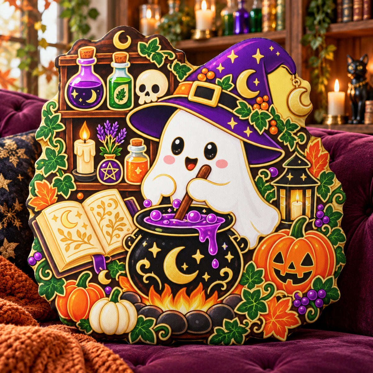 Ghost Witch Cauldron Pillow in a sunlit witchy autumn room