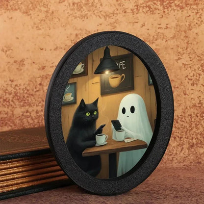 Ghost and Black Cat Spooky Wooden Oval Frame - Gothic Oval Wall Art - Halloween Wall Decoration-MoonChildWorld