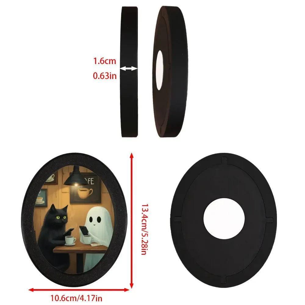 Ghost and Black Cat Spooky Wooden Oval Frame - Gothic Oval Wall Art - Halloween Wall Decoration-MoonChildWorld