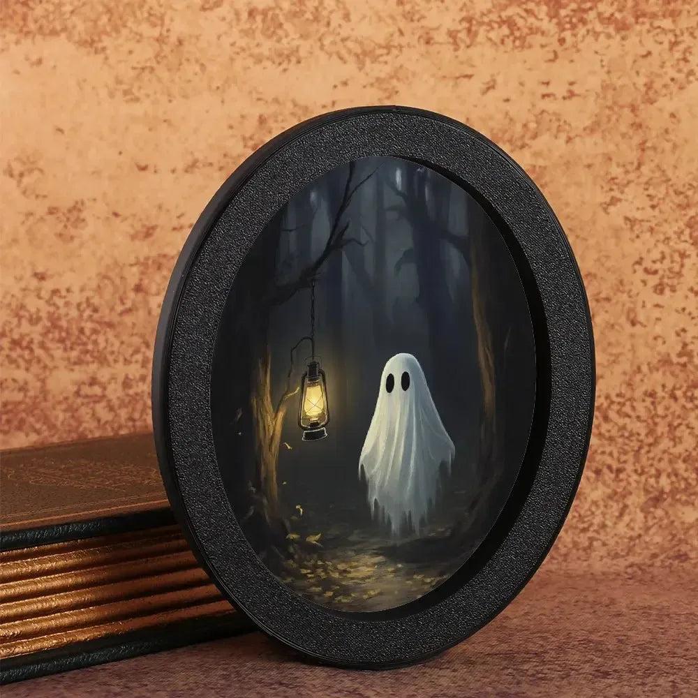 Ghost in Forest Spooky Wooden Oval Frame - Gothic Oval Wall Art - Halloween Wall Decoration-MoonChildWorld