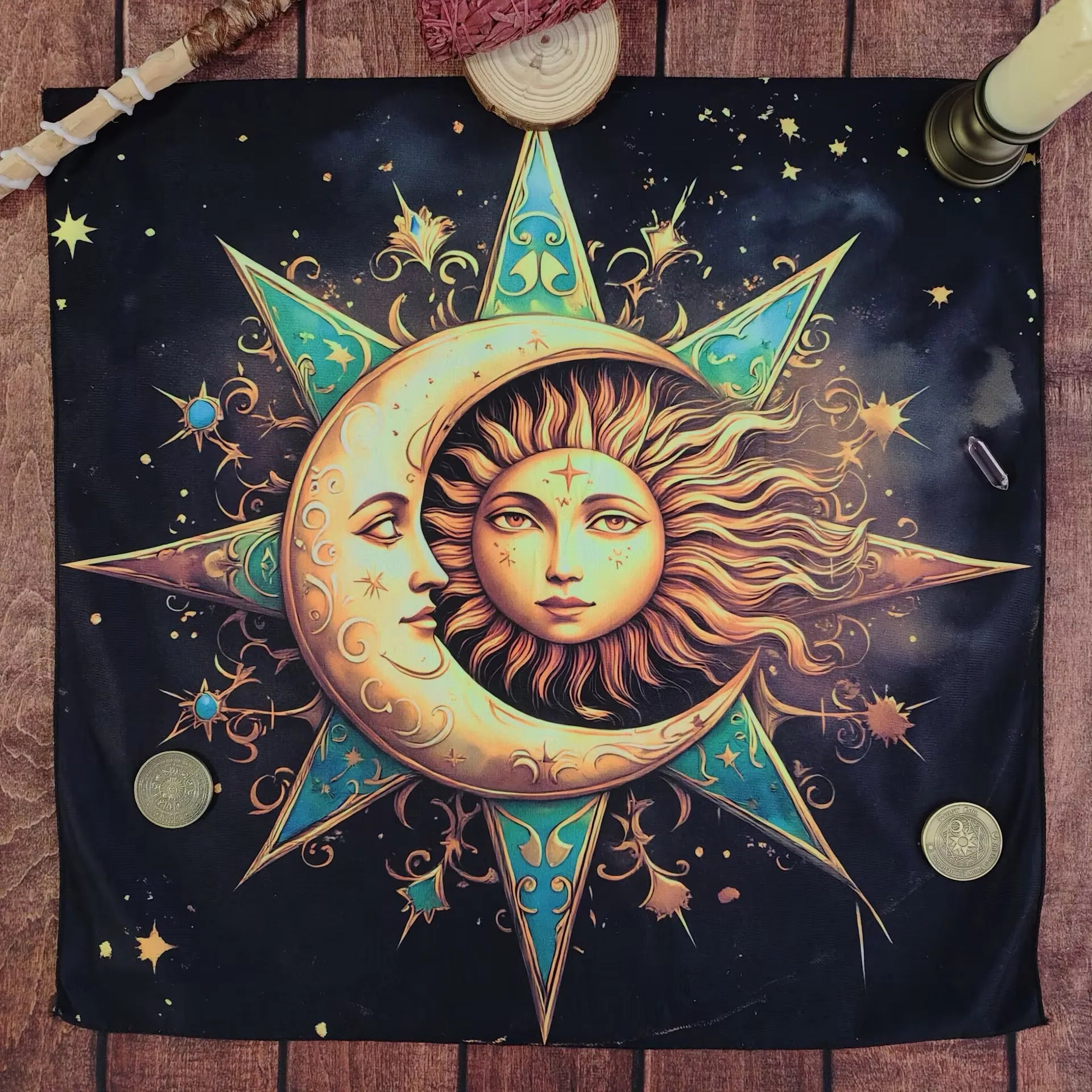 Glow Sun Moon Mandala Tarot Altar Cloth-MoonChildWorld