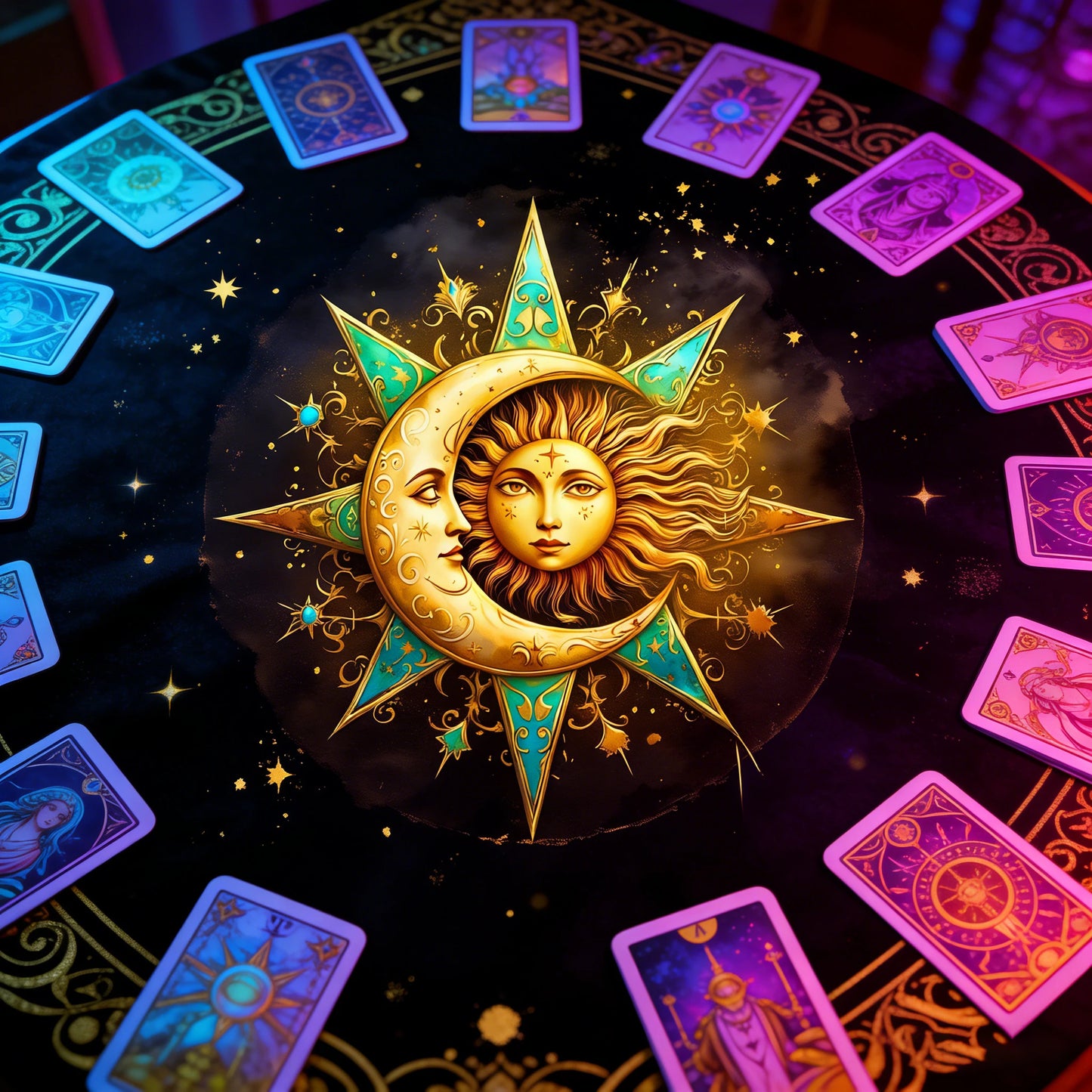 Glow Sun Moon Mandala Tarot Altar Cloth-MoonChildWorld