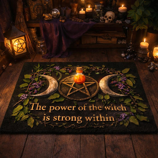 Black doormat with a golden triple moon, pentagram, and "The power of the witch is strong within" text.