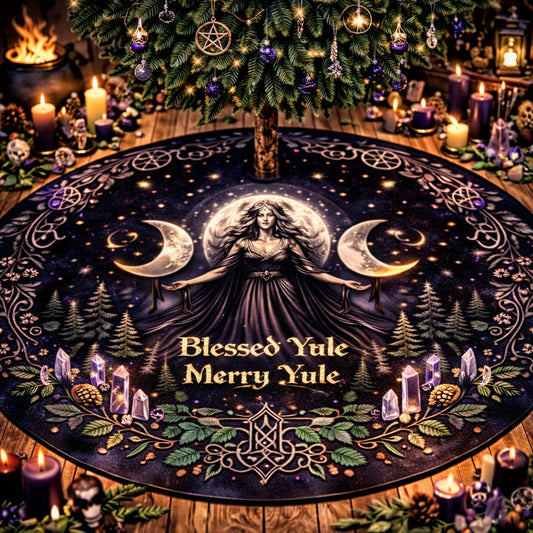 Gothic Shadow Moon Witch Yule Tree Skirt with a dark goddess, triple moon, stars, and "Blessed Yule Merry Yule" text.