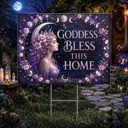 Goddess Bless This Home Floral Moon Wicca Yard Sign - front view