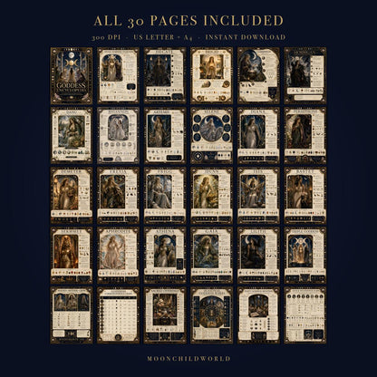 Thirty pages of a printable goddess grimoire featuring ornate gold borders and detailed illustrations of various deities.