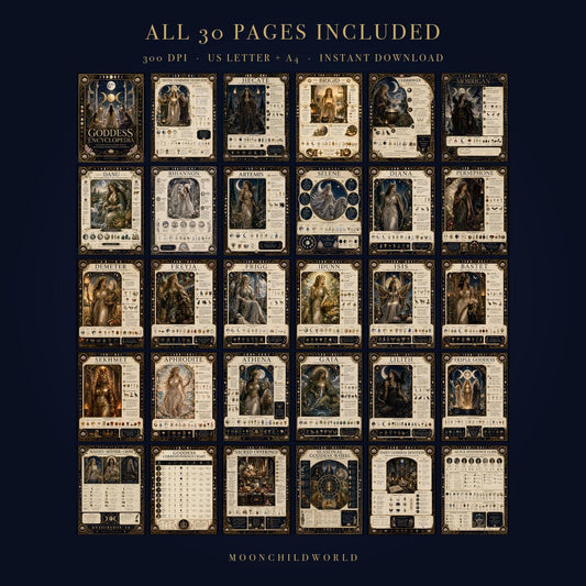 Thirty pages of a printable goddess grimoire featuring ornate gold borders and detailed illustrations of various deities.