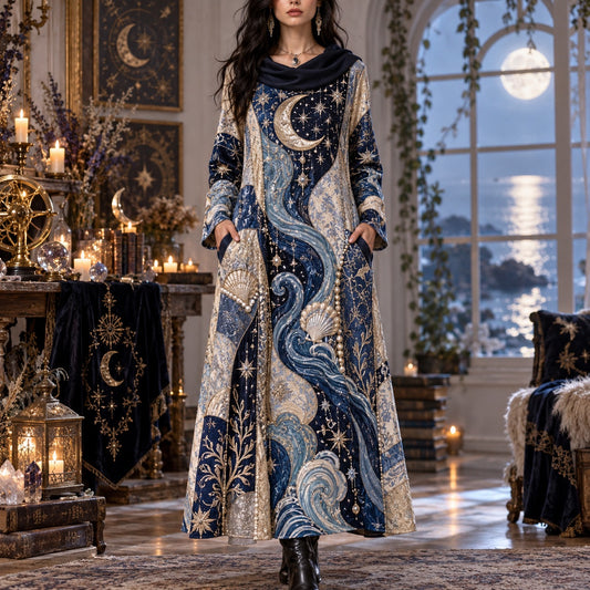 Goddess of the Tides Celestial Cowl Neck Dress – Moon Wave Maxi – worn, front view