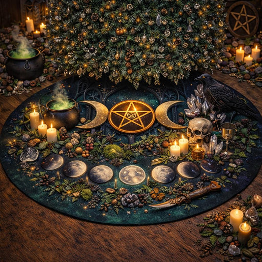 Dark Alchemy Skull Pentagram Christmas Tree Skirt, a round velvet Yule decor with moons, skull, and raven.