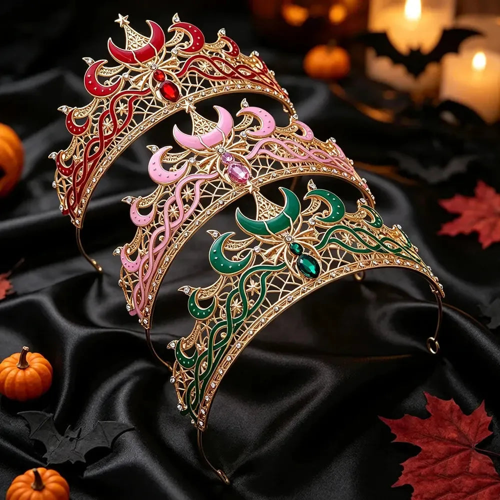 Gold Moon & Spider Tiara, Witch Queen Halloween Crown, product view 2 of 9