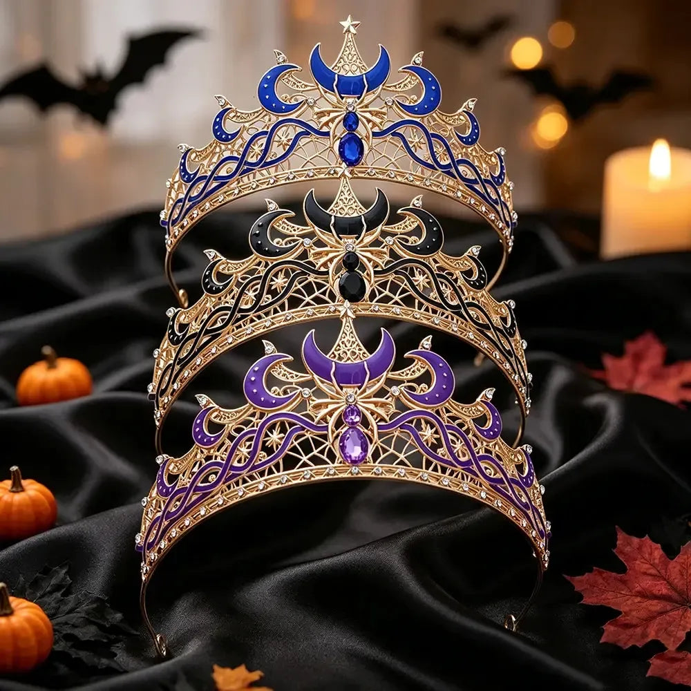 Gold Moon & Spider Tiara, Witch Queen Halloween Crown, product view 3 of 9