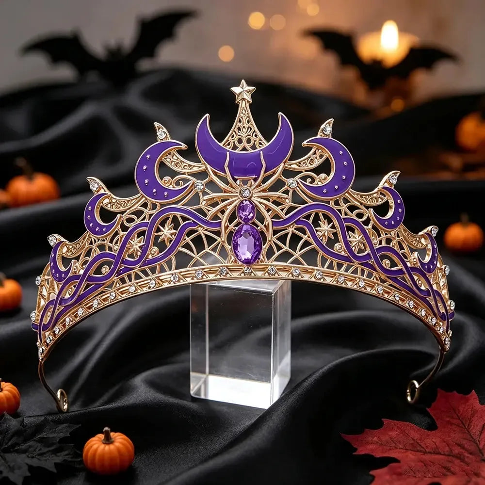 Gold Moon & Spider Tiara, Witch Queen Halloween Crown, product view 7 of 9