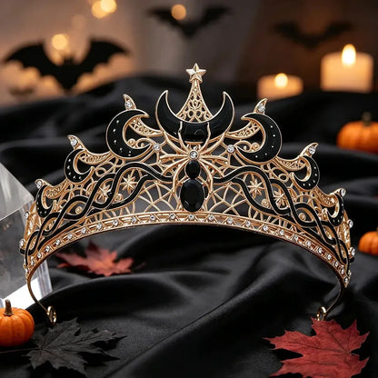 Gold Moon & Spider Tiara, Witch Queen Halloween Crown, product view 4 of 9