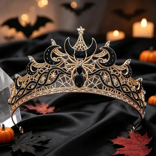 Gold Moon & Spider Tiara, Witch Queen Halloween Crown, product view 4 of 9