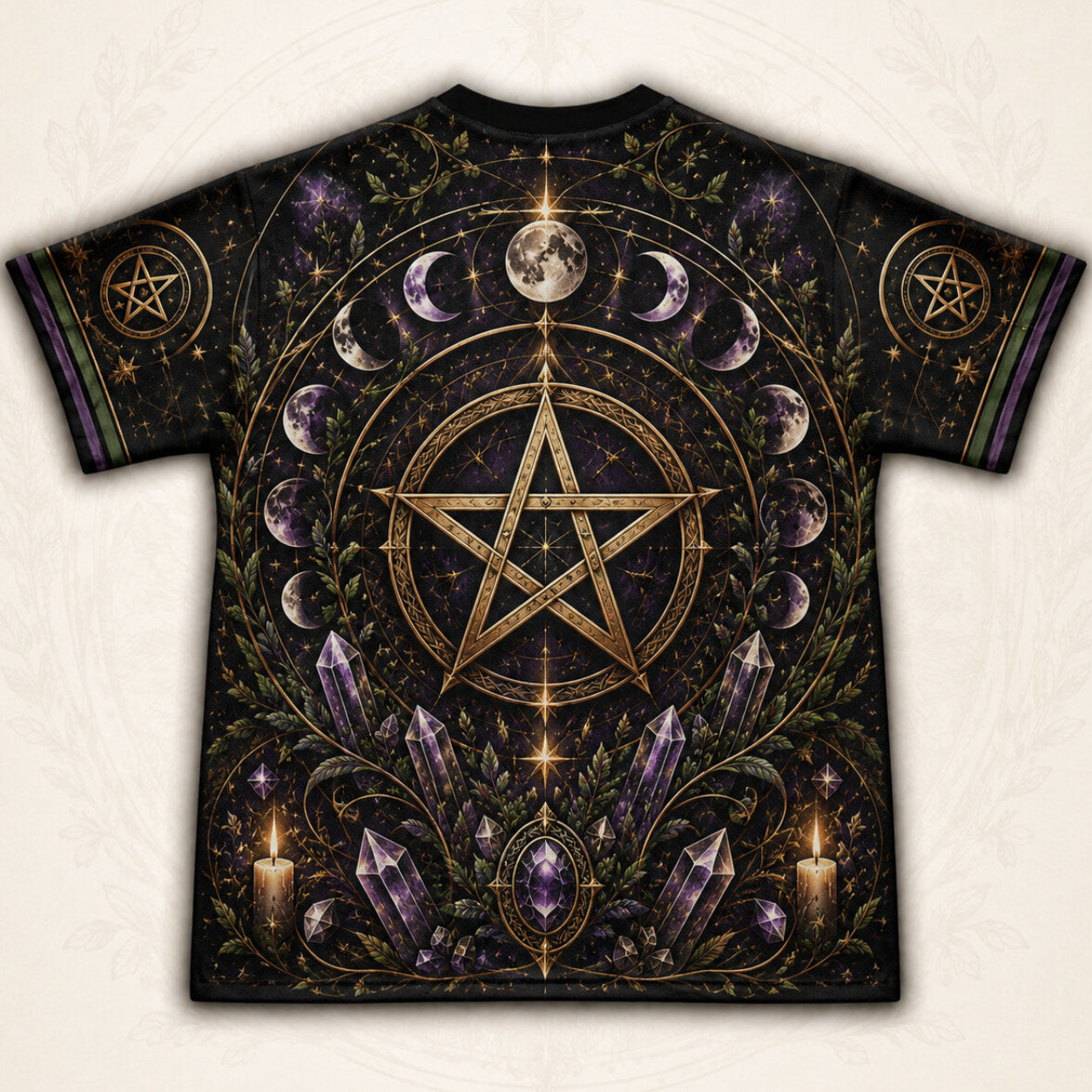 Gold Pentacle Candle T-Shirt Amethyst Green Altar Wiccan Tee back view