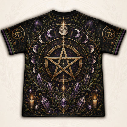 Gold Pentacle Candle T-Shirt Amethyst Green Altar Wiccan Tee back view