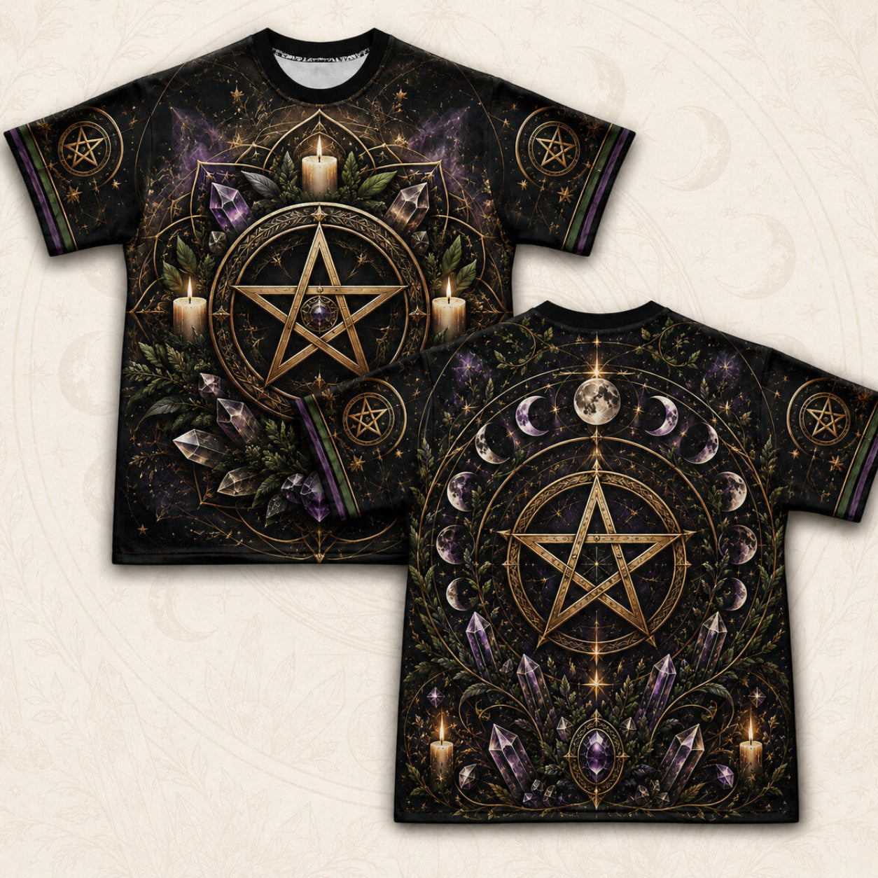 Gold Pentacle Candle T-Shirt Amethyst Green Altar Wiccan Tee front and back together