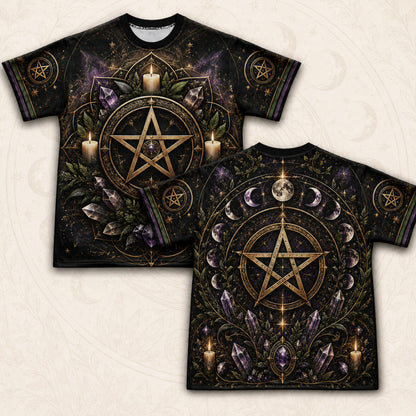 Gold Pentacle Candle T-Shirt Amethyst Green Altar Wiccan Tee front and back together