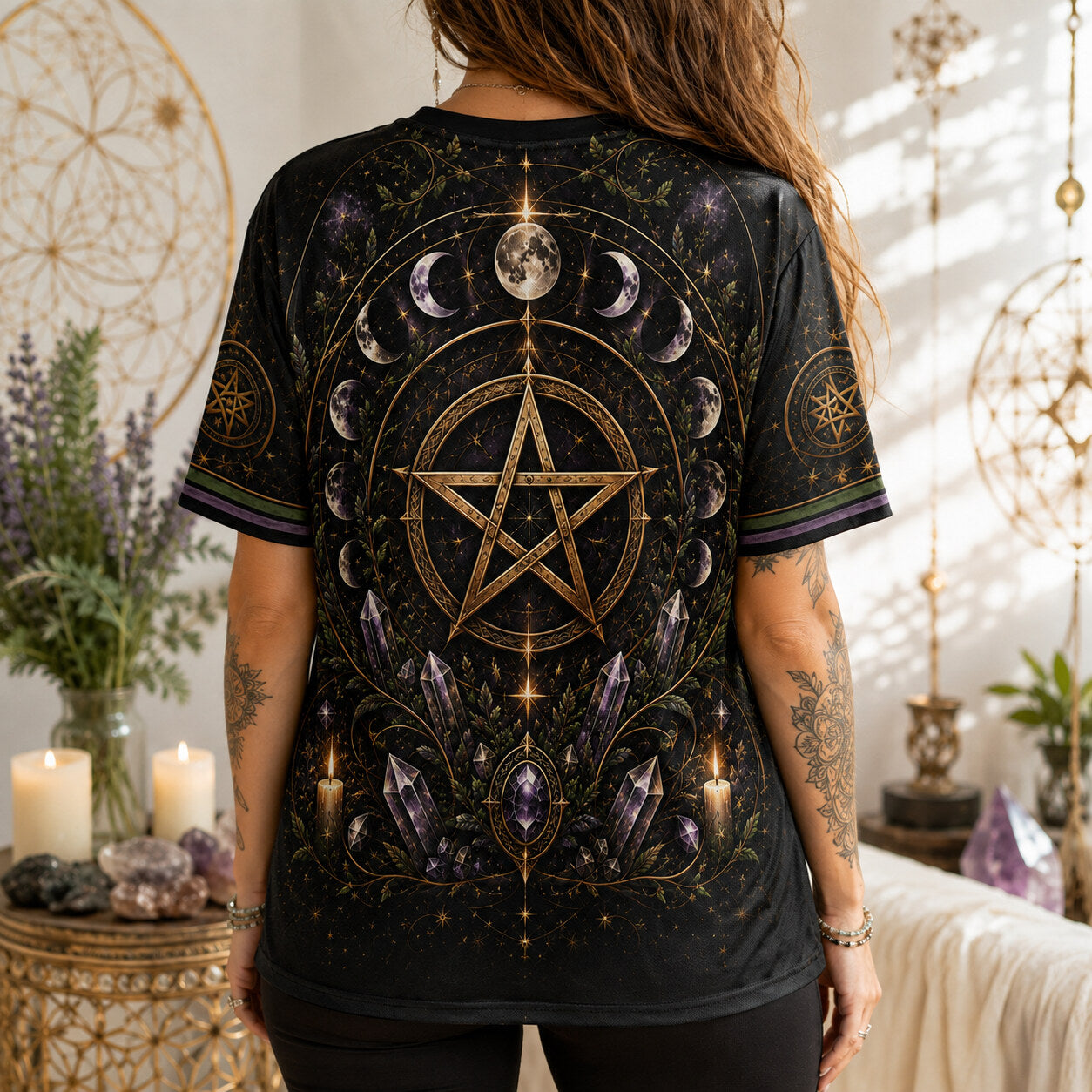 Gold Pentacle Candle T-Shirt Amethyst Green Altar Wiccan Tee worn, back view