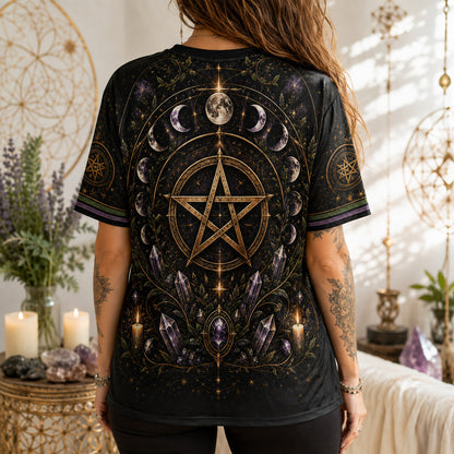 Gold Pentacle Candle T-Shirt Amethyst Green Altar Wiccan Tee worn, back view