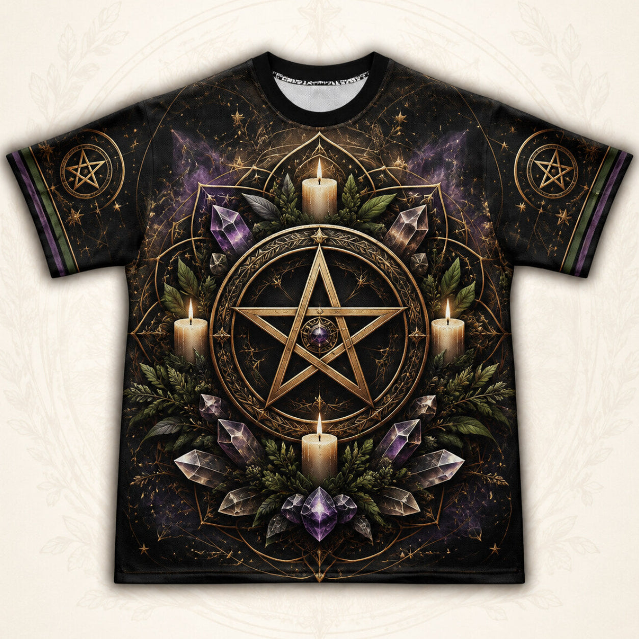Gold Pentacle Candle T-Shirt Amethyst Green Altar Wiccan Tee front view