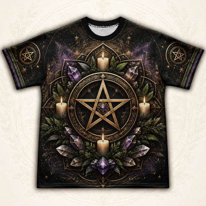 Gold Pentacle Candle T-Shirt Amethyst Green Altar Wiccan Tee front view