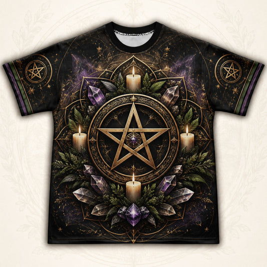 Gold Pentacle Candle T-Shirt Amethyst Green Altar Wiccan Tee front view