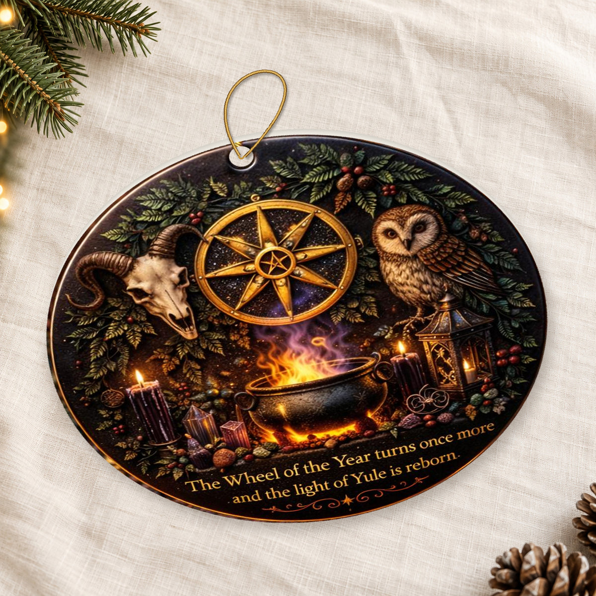 Gold Sun Wheel & Ram Skull Wicca and Pagan Yule Ceramic Ornament – Witchy Christmas Decoration — thin double-sided ceramic ornament, oblique overhead flat-lay view on linen.