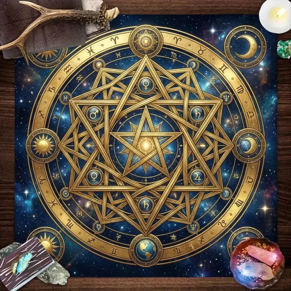 Golden Astrological Zodiac Altar Cloth with star chart and 12 zodiac symbols – witchcraft tarot ritual mat