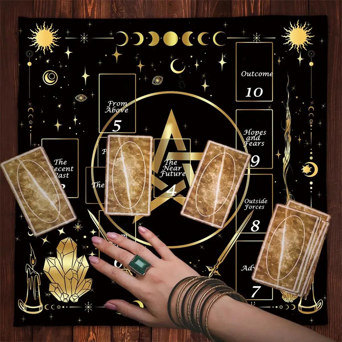 Golden Pentacle and Moon Phases Altar Cloth Wicca Tarot Tablecloth Pagan Altar Supplies-MoonChildWorld