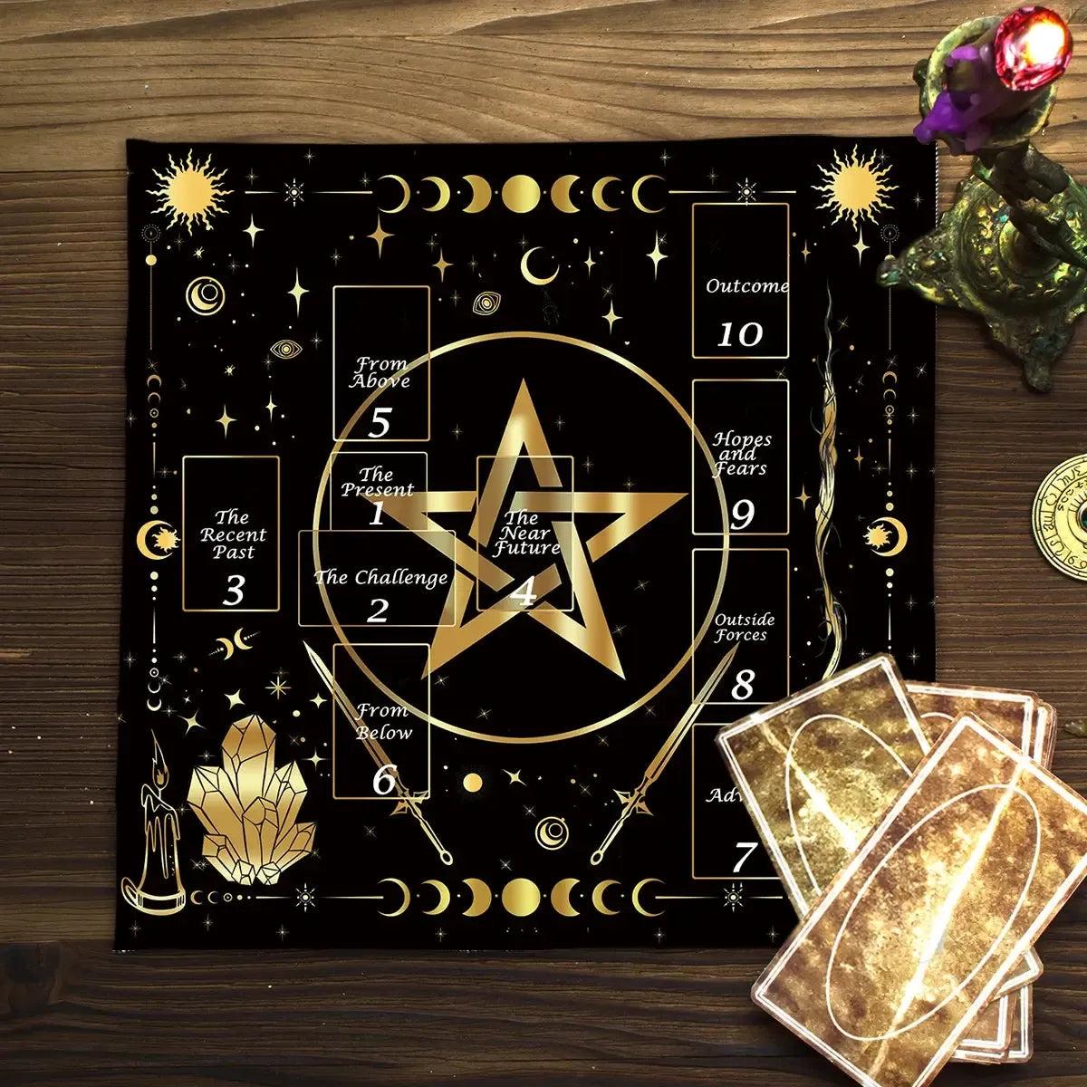Golden Pentacle and Moon Phases Altar Cloth Wicca Tarot Tablecloth Pagan Altar Supplies-MoonChildWorld